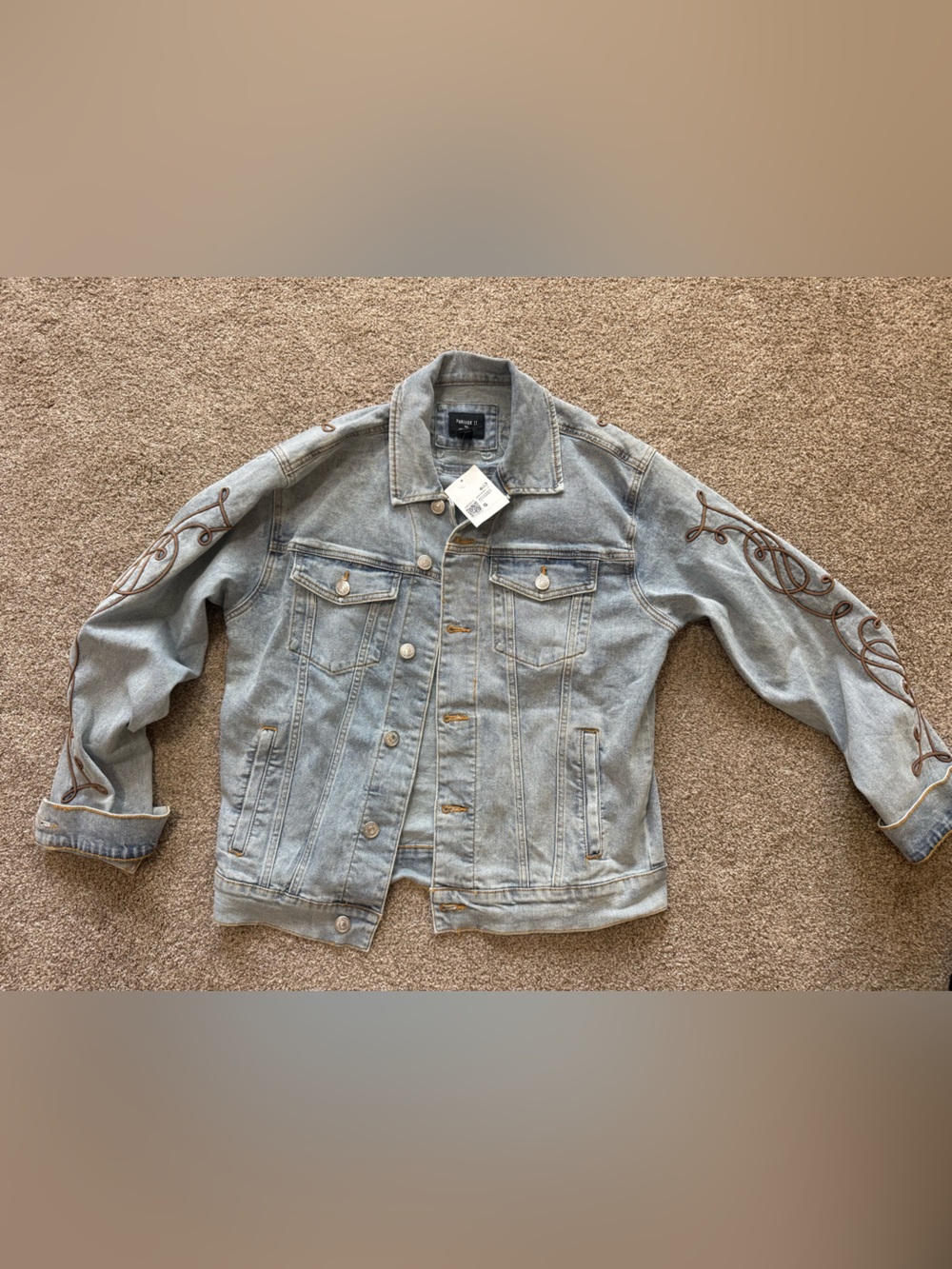 Forever 21 Light Blue Denim Jacket with Brown Embroidered Sleeves - Men